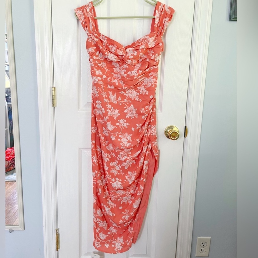 Abercrombie & Fitch Orange Pink Asymmetrical Ruched Midi Dress